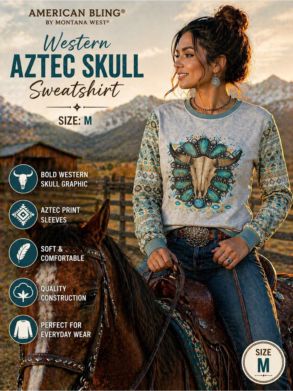 American Bling Western Aztec Skull Sweatshirt M Montana West NWT